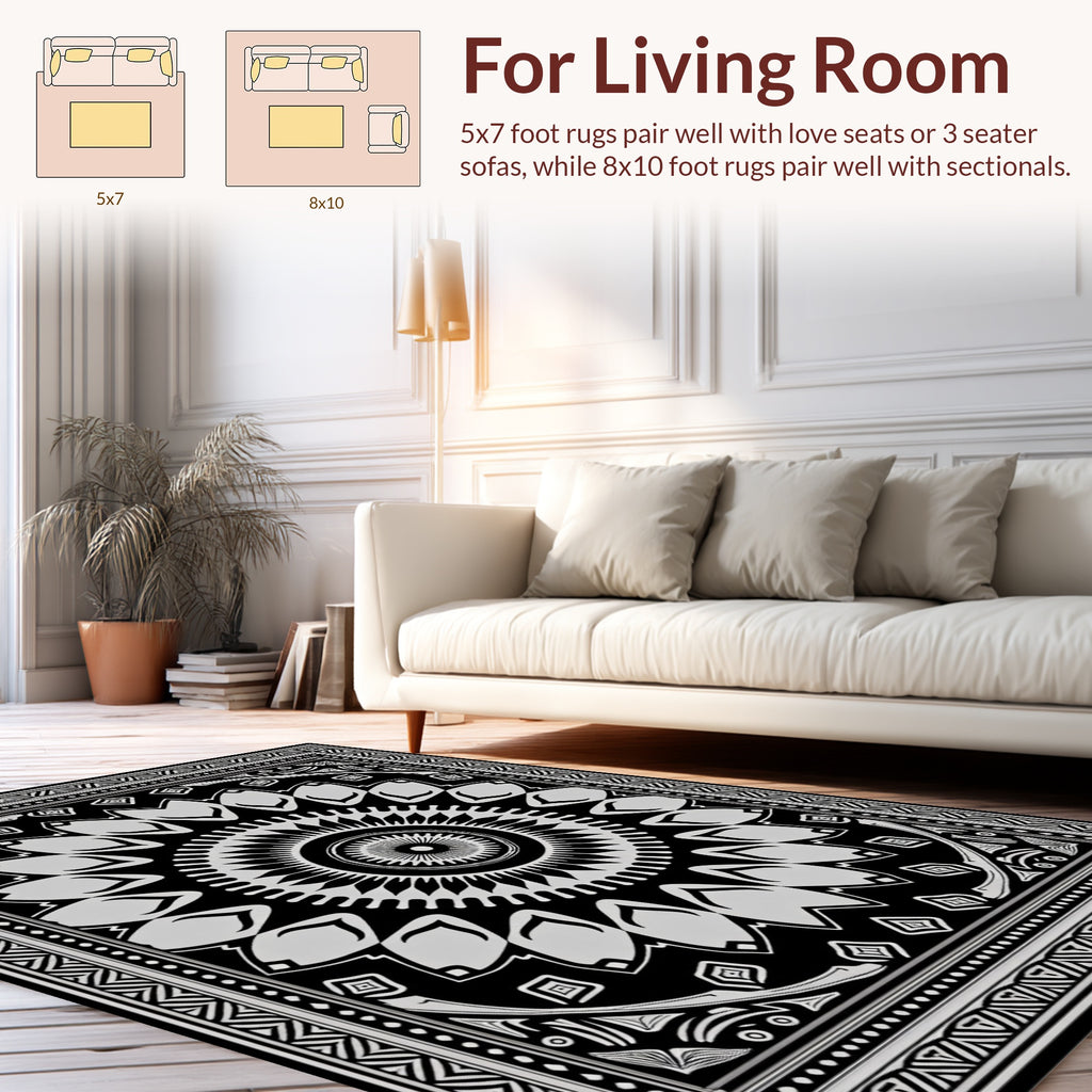 Black White Mandala Geometric Design Rug