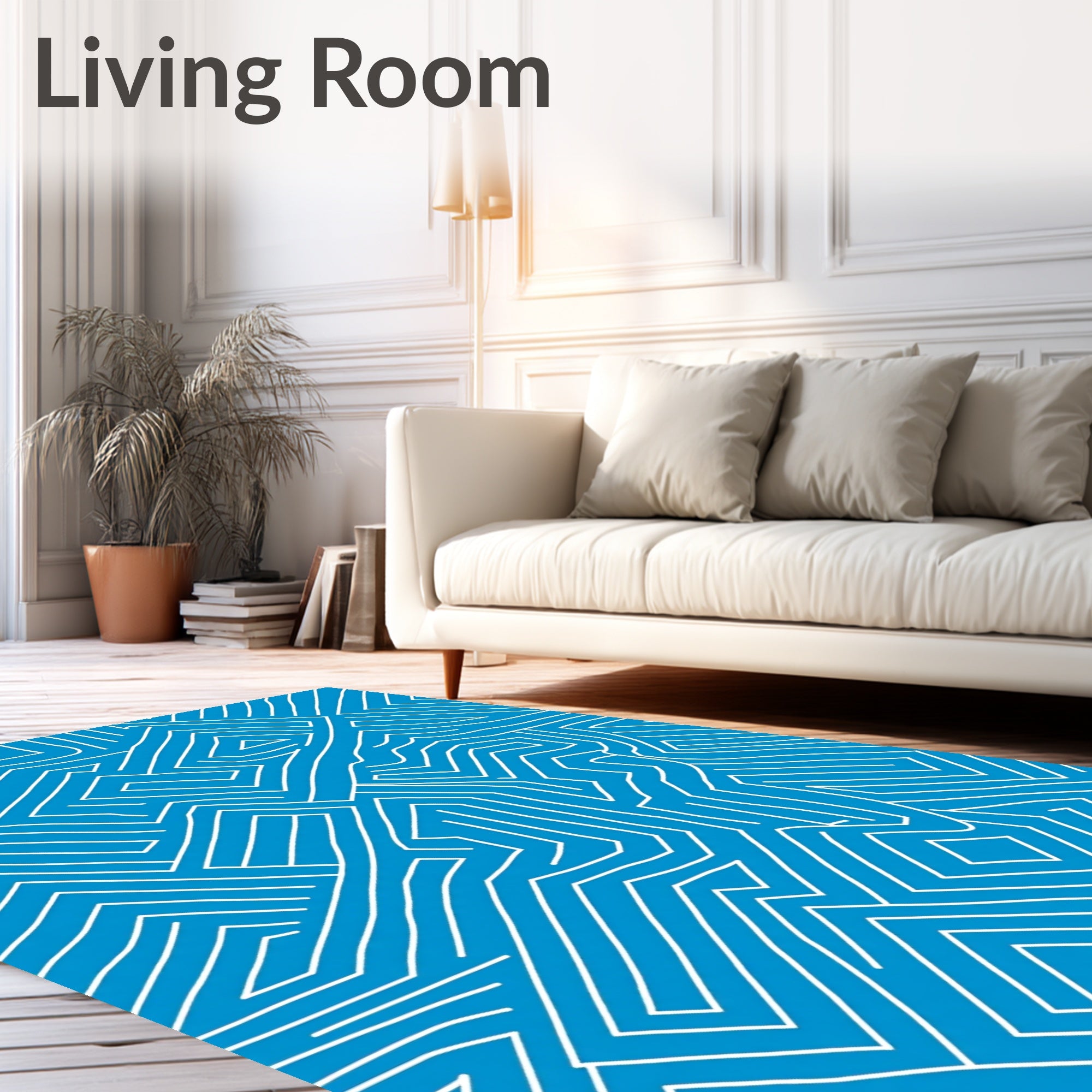 Blue White Interconnected Line Maze Rug