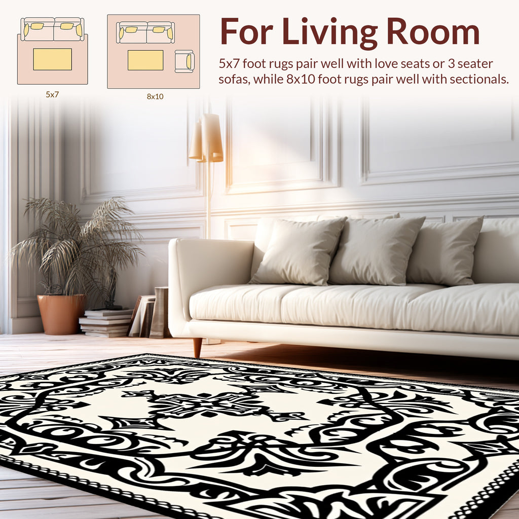 Classic Black White Ornamental Design Rug