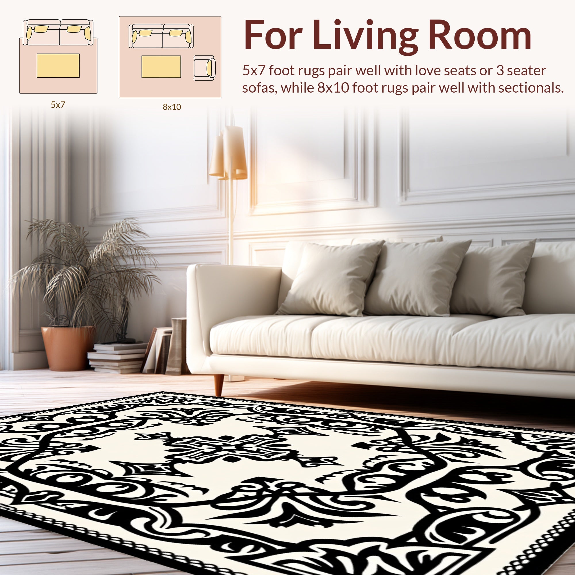 Classic Black White Ornamental Design Rug