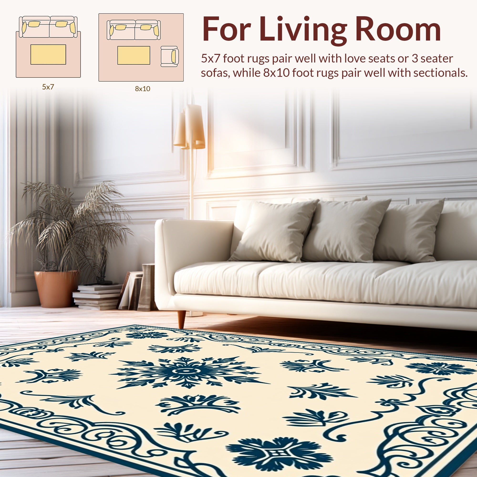 Ornate Dark Blue Floral Scroll Rug