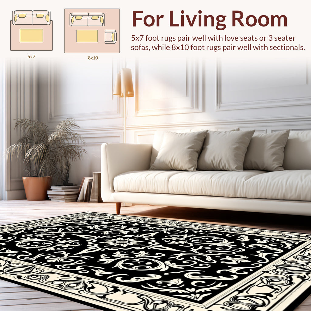 Classic Black Cream Floral Pattern Rug