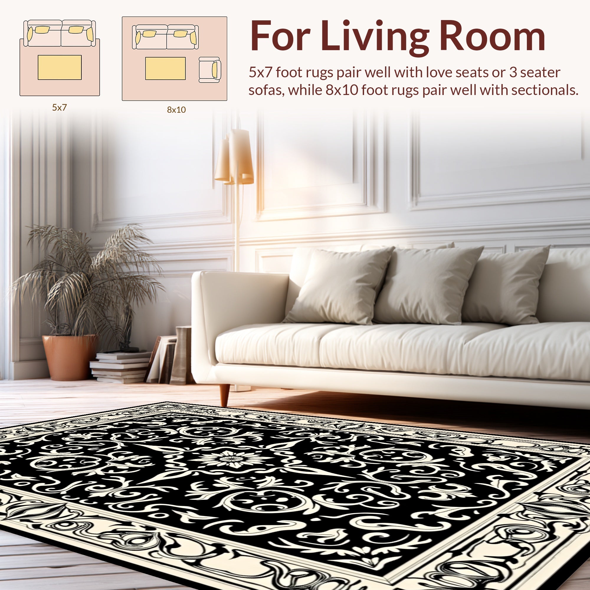Classic Black Cream Floral Pattern Rug