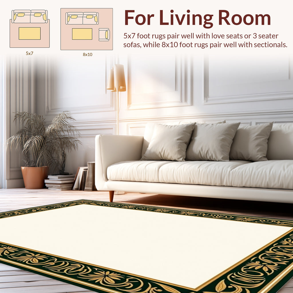 Elegant Gold and Green Floral Border Rug