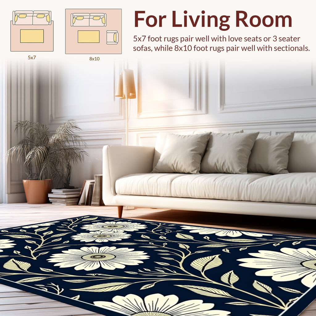 Dark Blue Floral Vine Pattern Rug