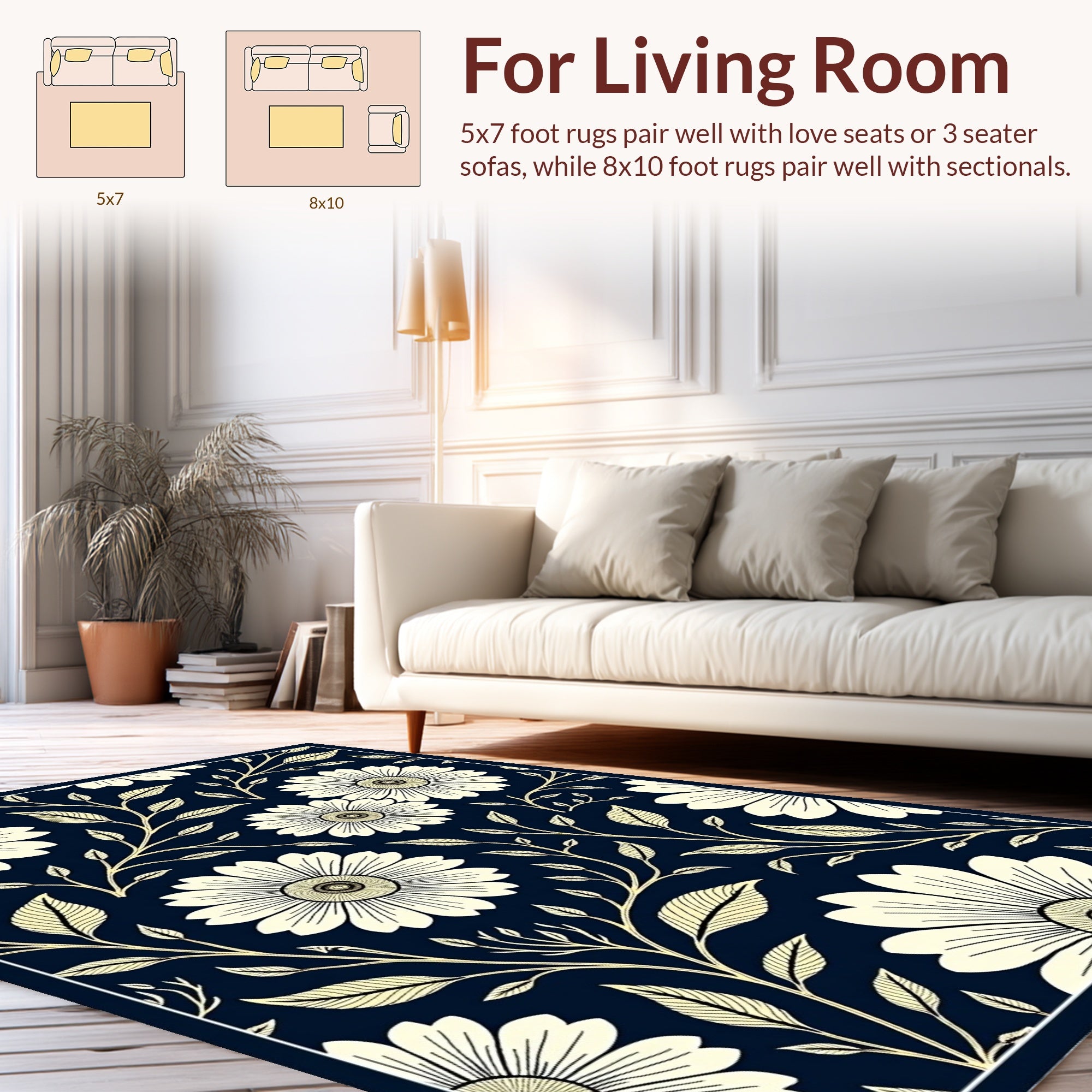 Dark Blue Floral Vine Pattern Rug