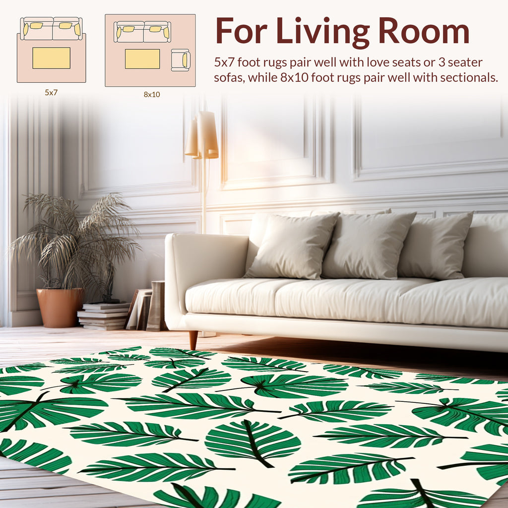 Tropical Leaf Patterned Green Rug