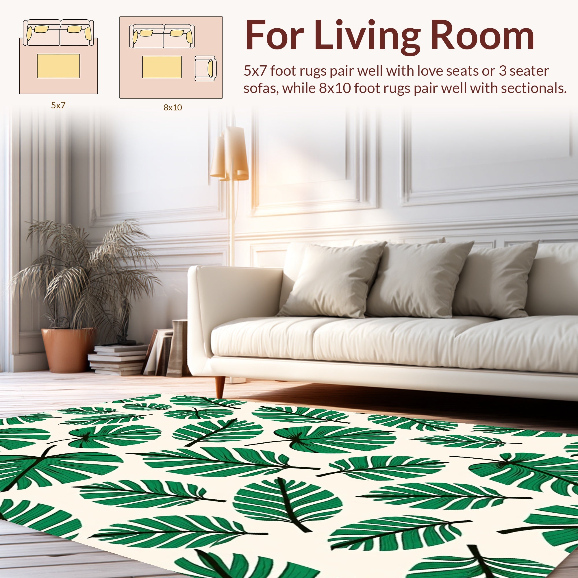 Tropical Leaf Patterned Green Rug