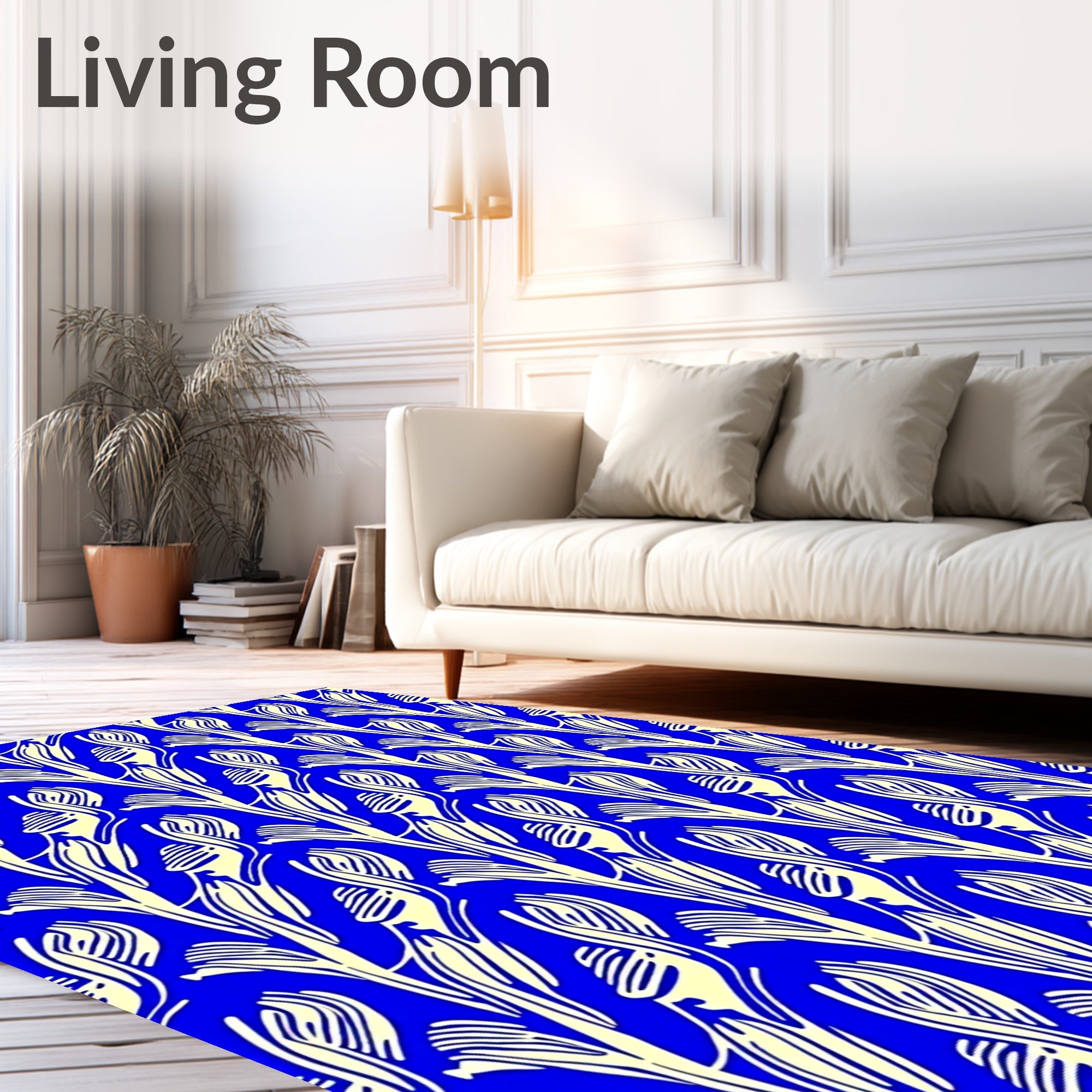 Bold Blue Cream Floral Swirl Rug