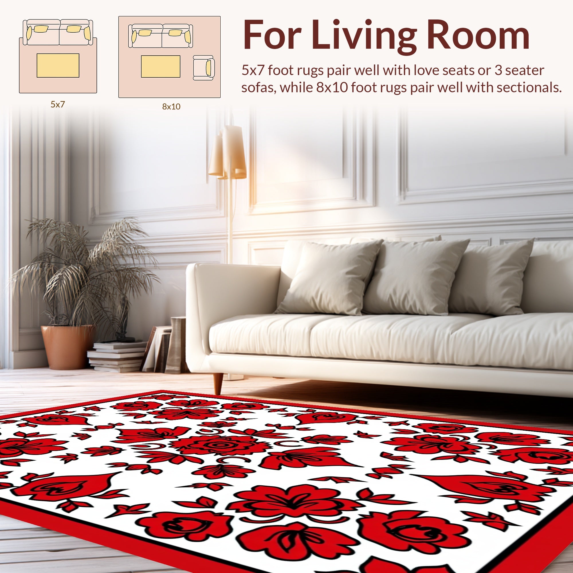Red Floral Motif Folk Pattern Rug