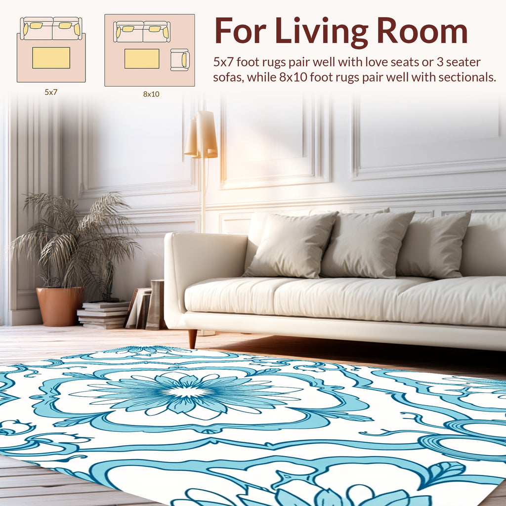 Floral Scrollwork Aqua Pattern Rug