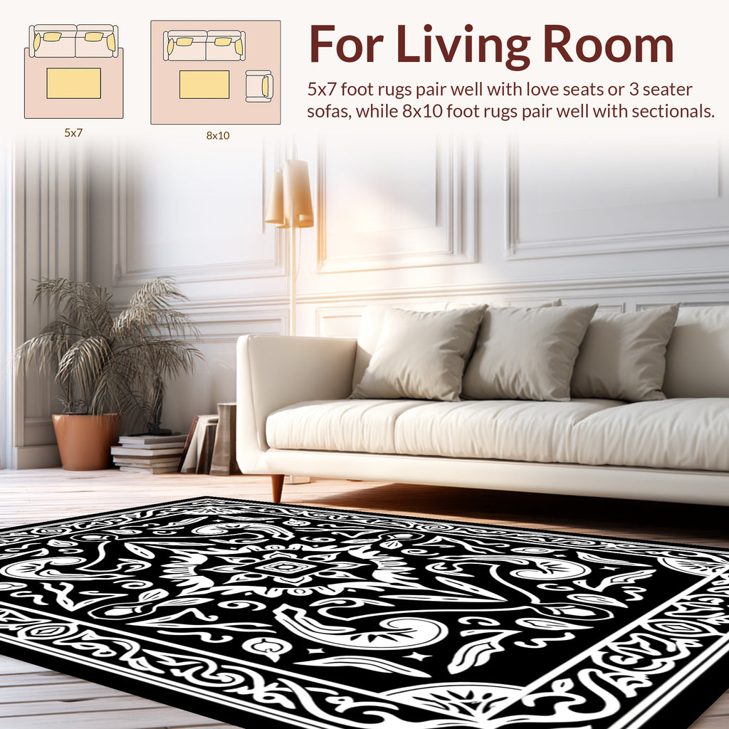 Black And White Symmetric Floral Pattern Rug