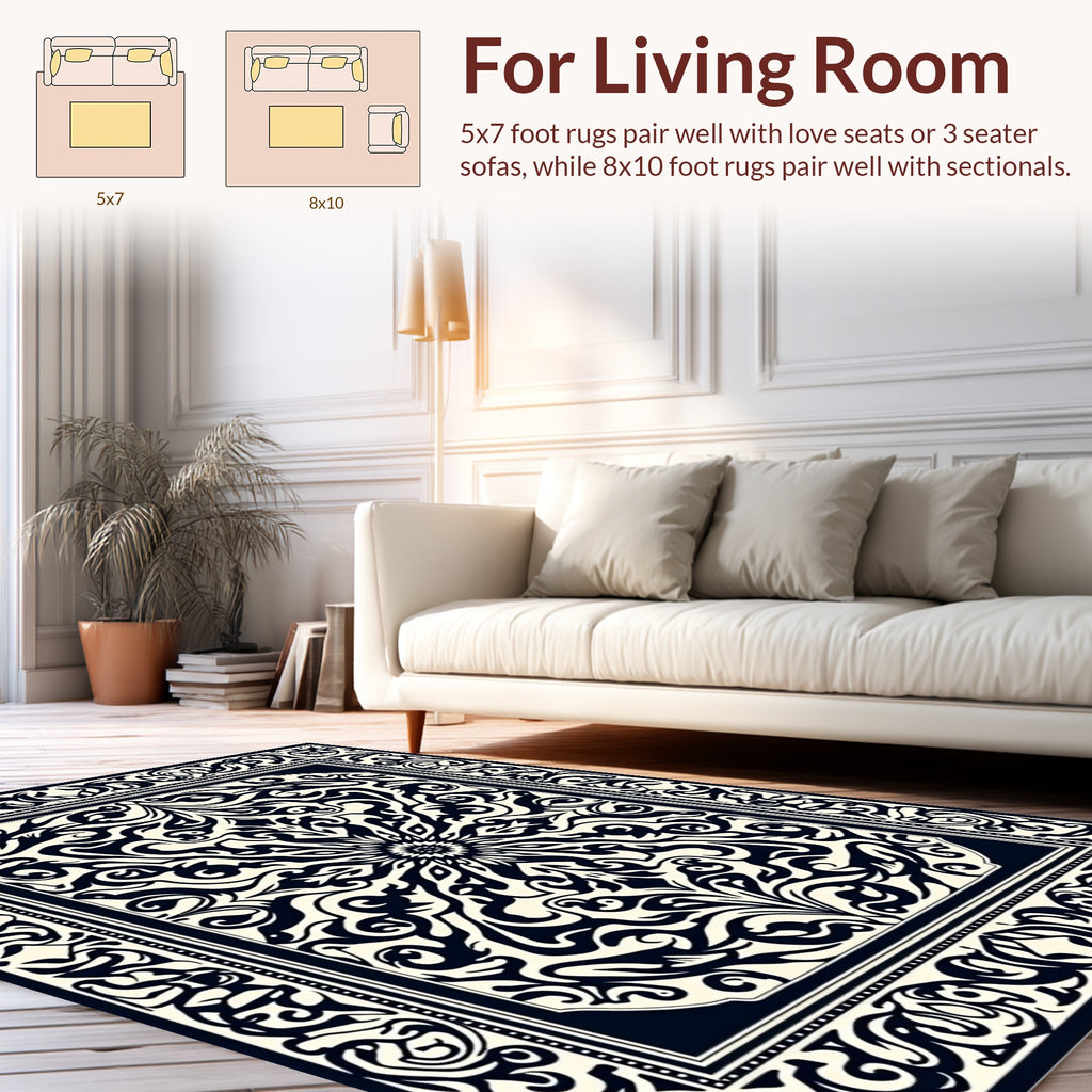 Ornate Black Cream Floral Mandala Rug