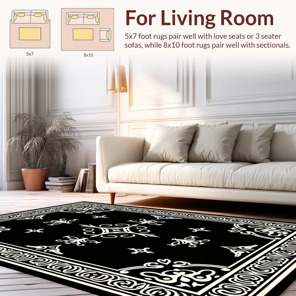 Black White Intricate Floral Medallion Rug