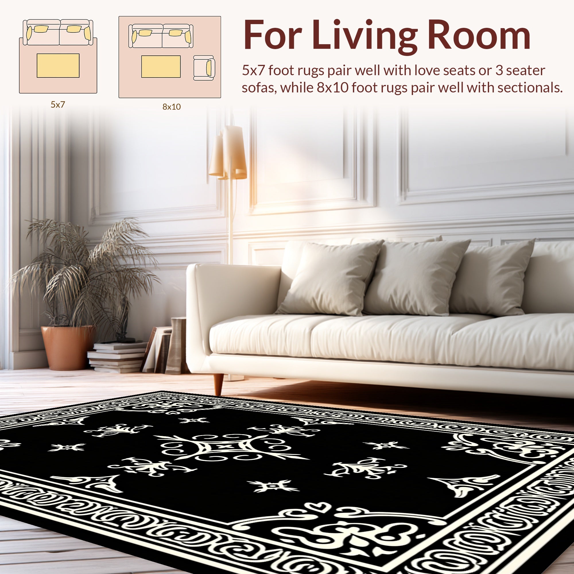 Black White Intricate Floral Medallion Rug