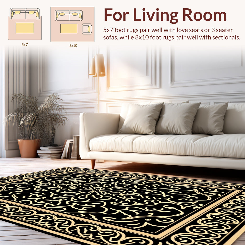 Golden Floral Scrollwork Black Rug