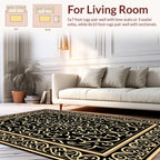 Golden Floral Scrollwork Black Rug