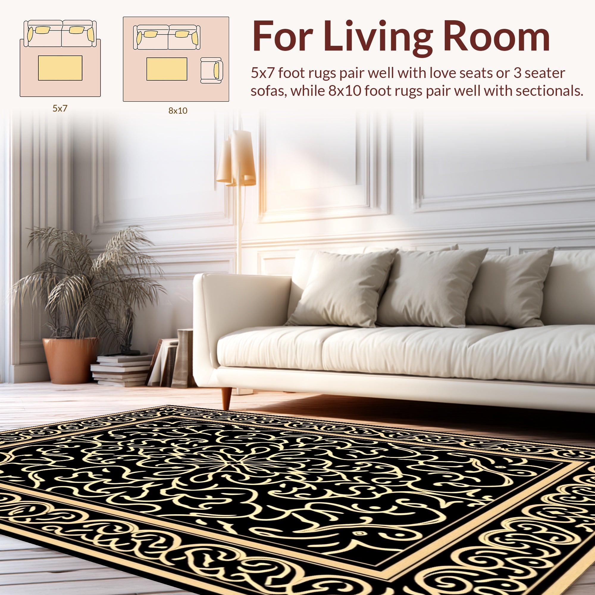 Golden Floral Scrollwork Black Rug