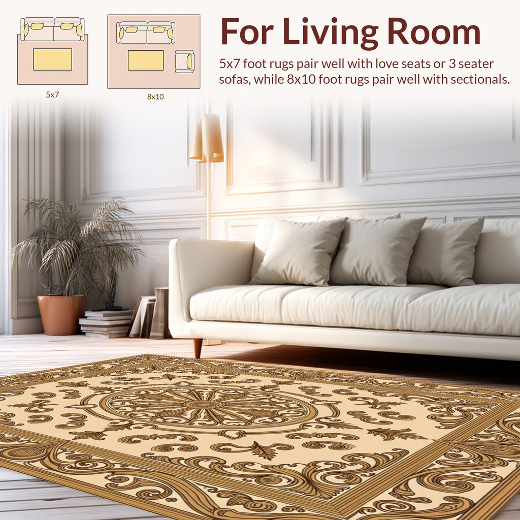 Ornate Scrollwork Golden Frame Rug