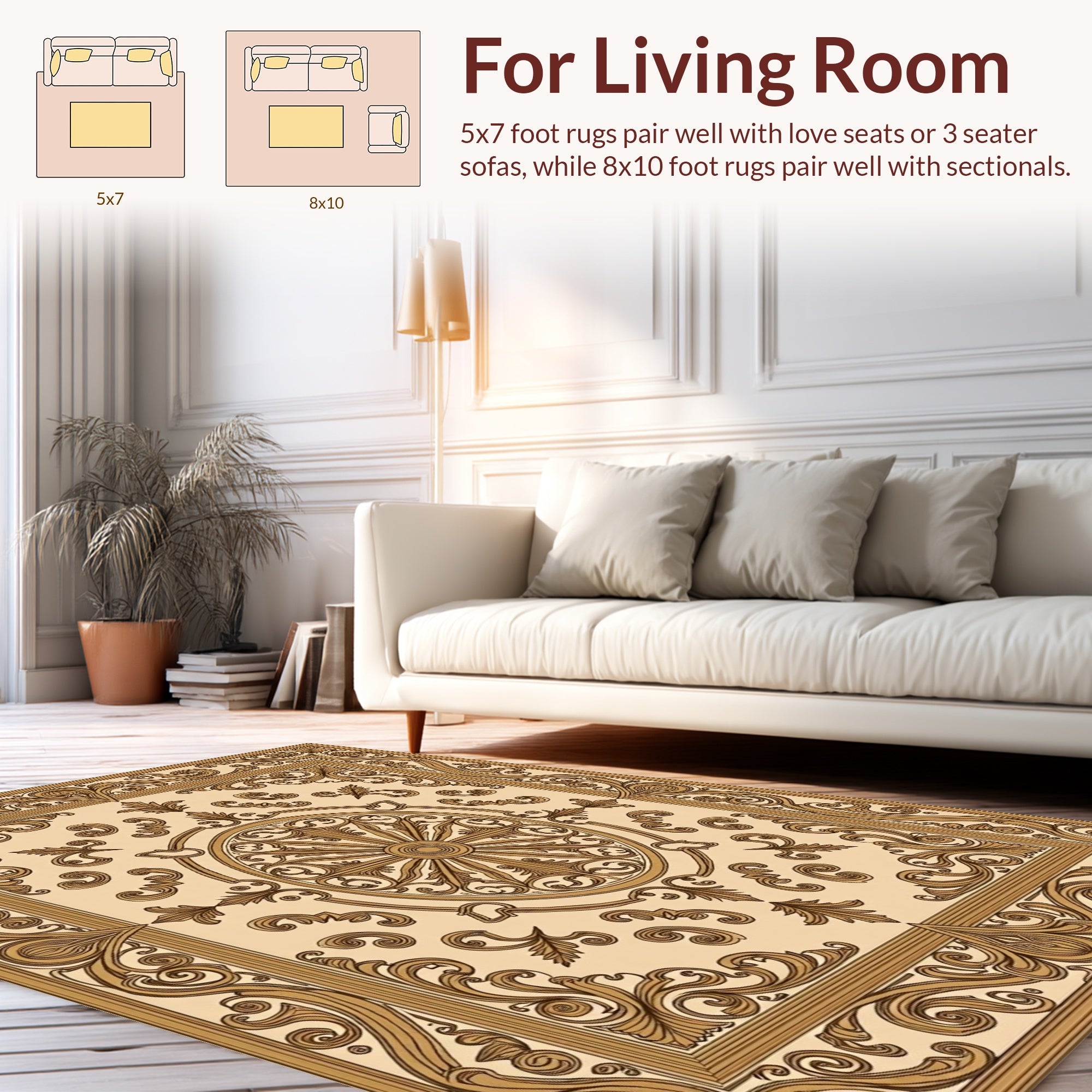 Ornate Scrollwork Golden Frame Rug