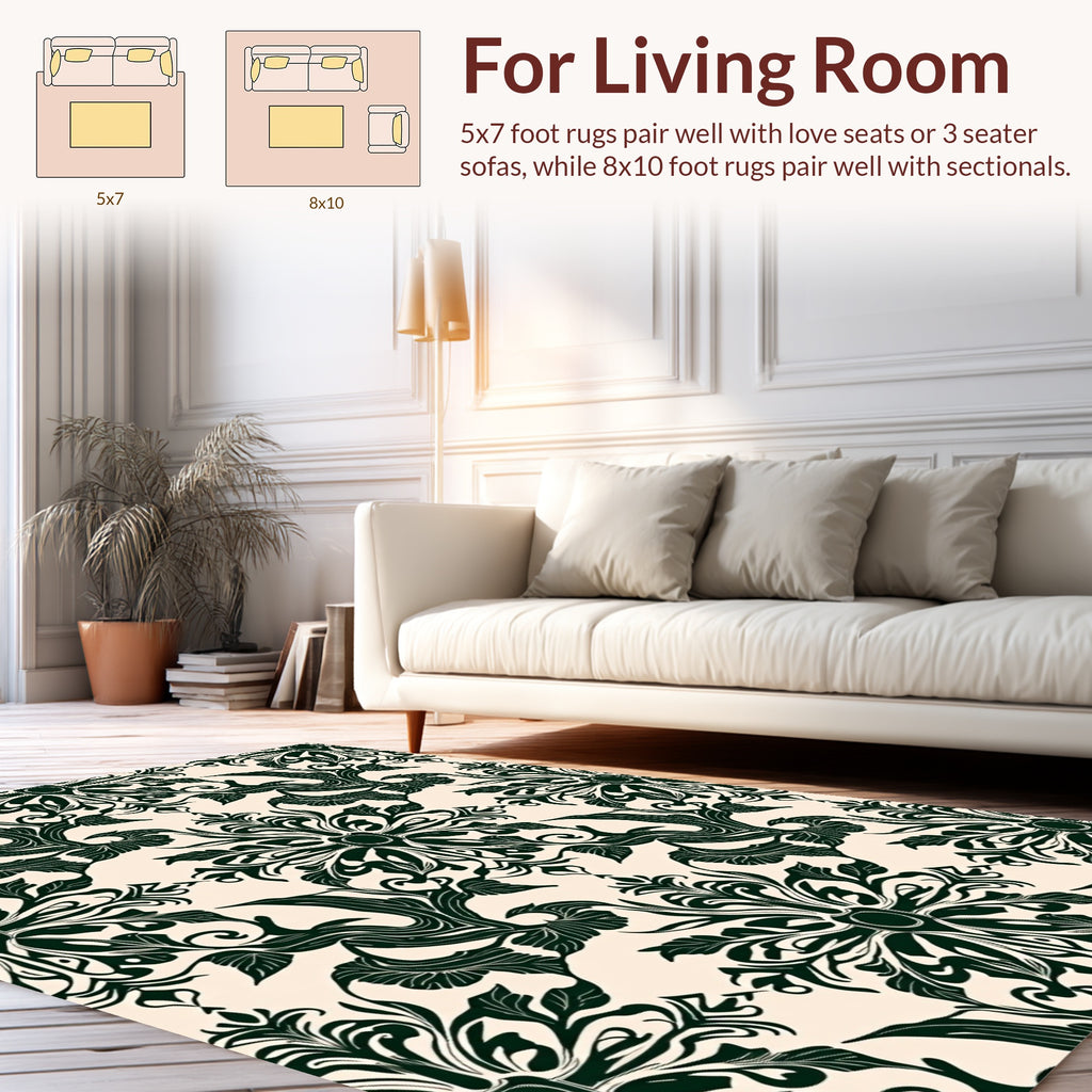 Dark Green Floral Damask Pattern Rug