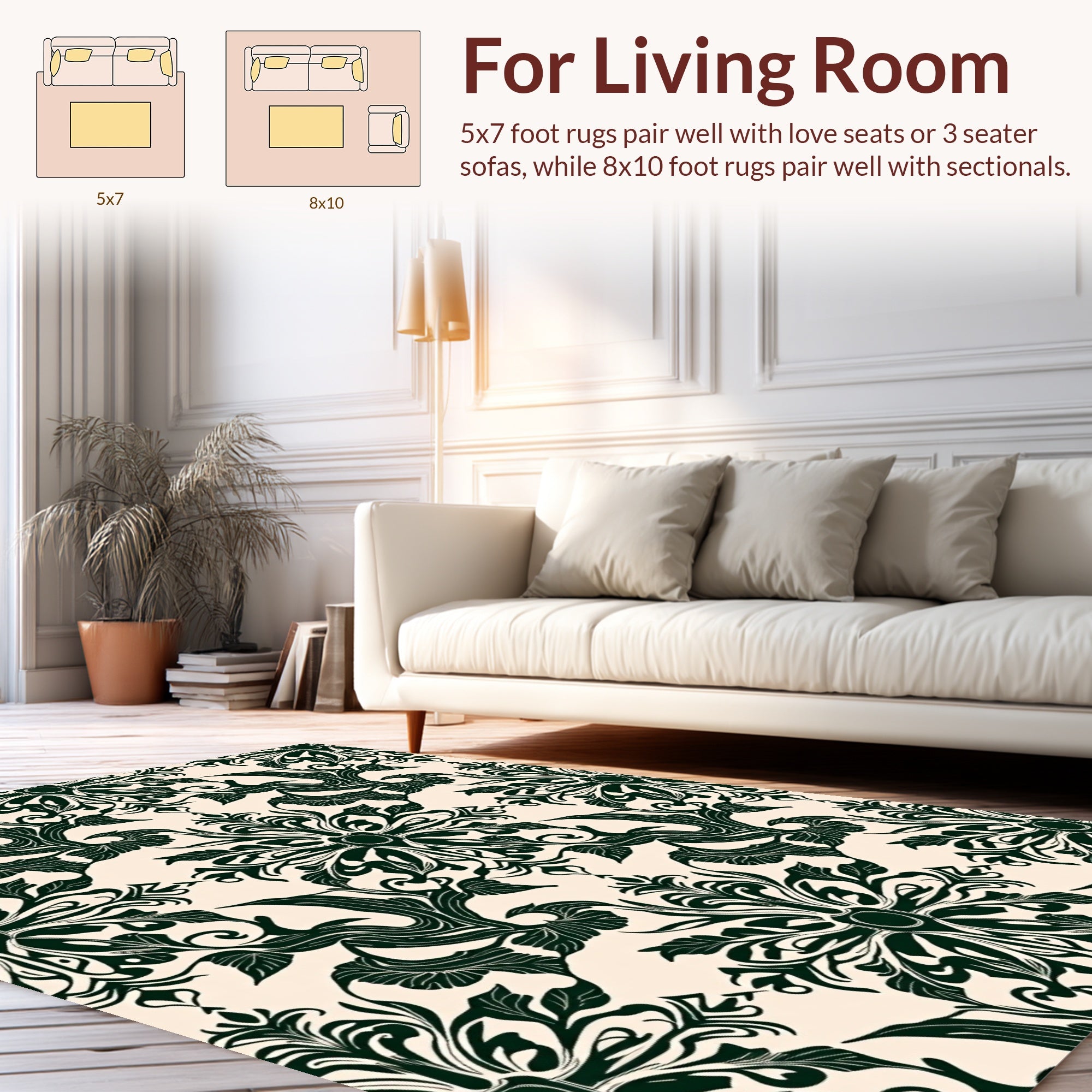 Dark Green Floral Damask Pattern Rug