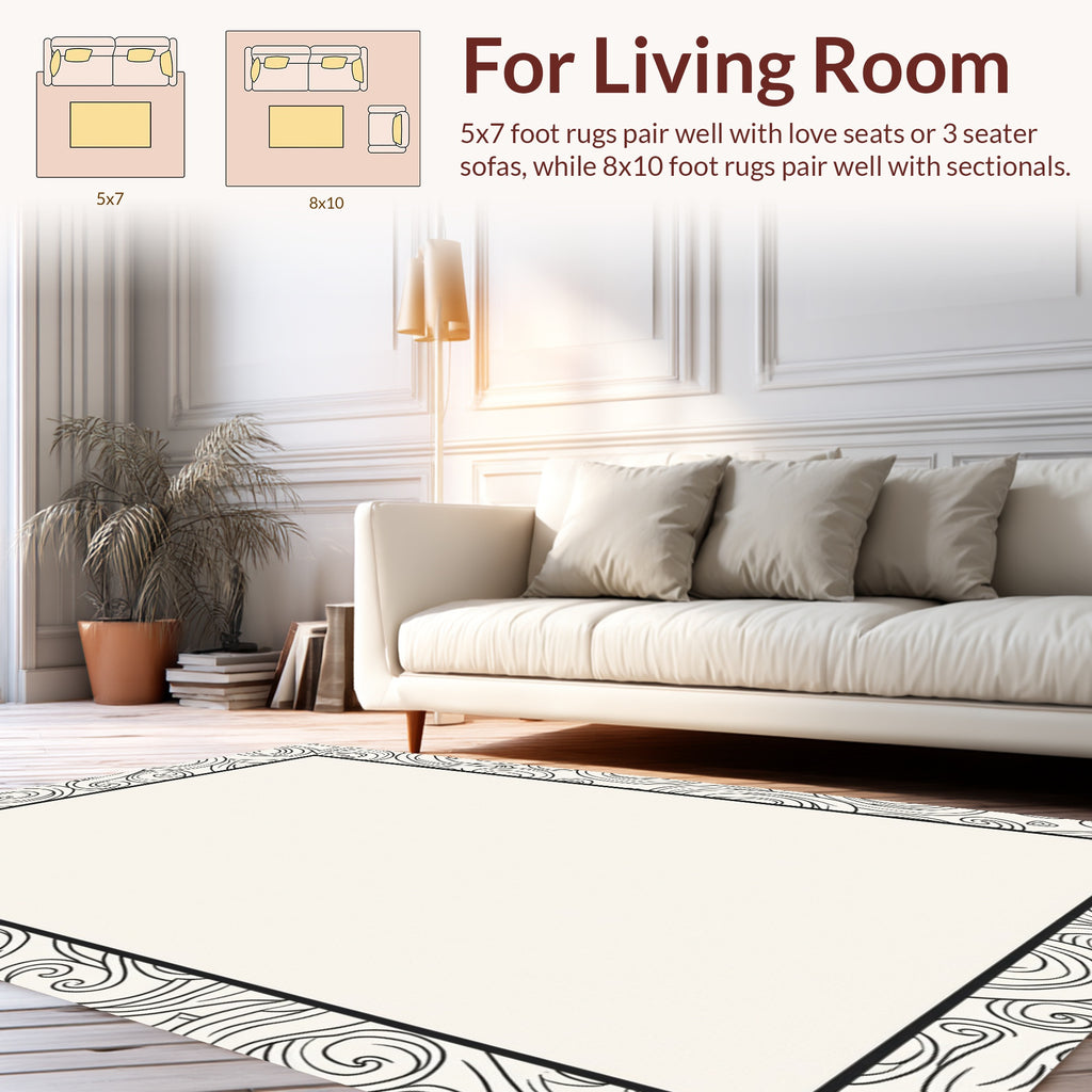 Black White Abstract Swirl Border Rug
