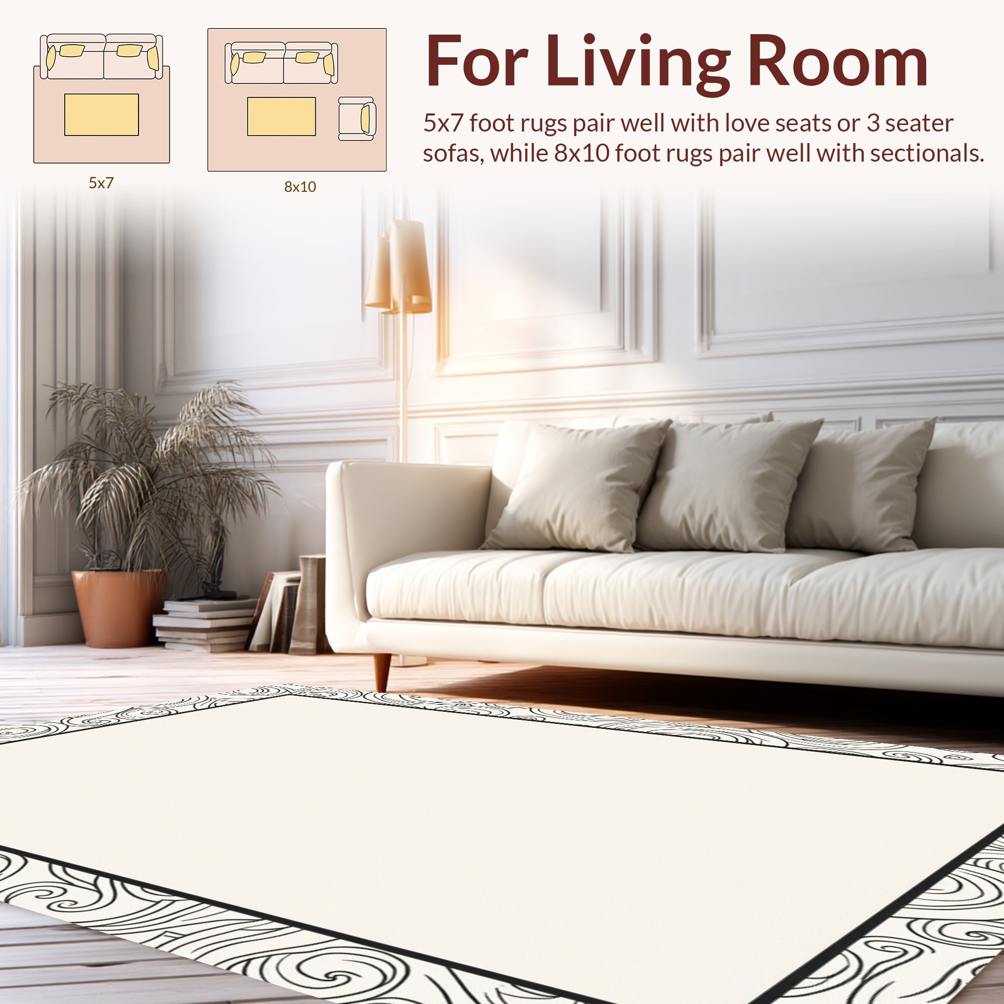Black White Abstract Swirl Border Rug