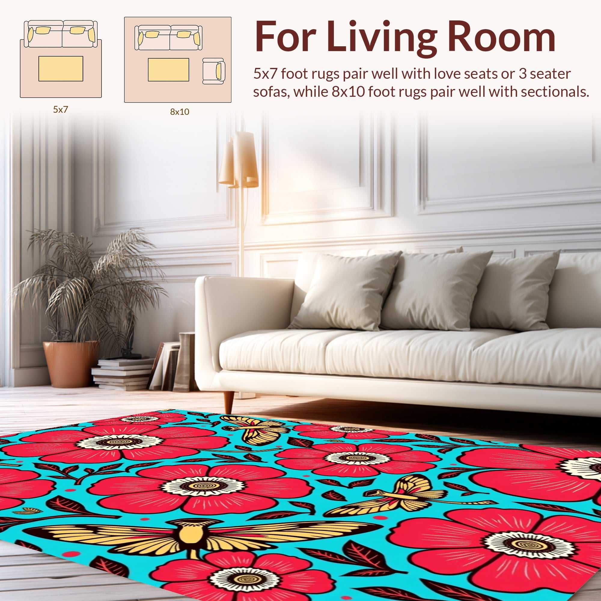 Vibrant Red Floral And Moth Design Rug