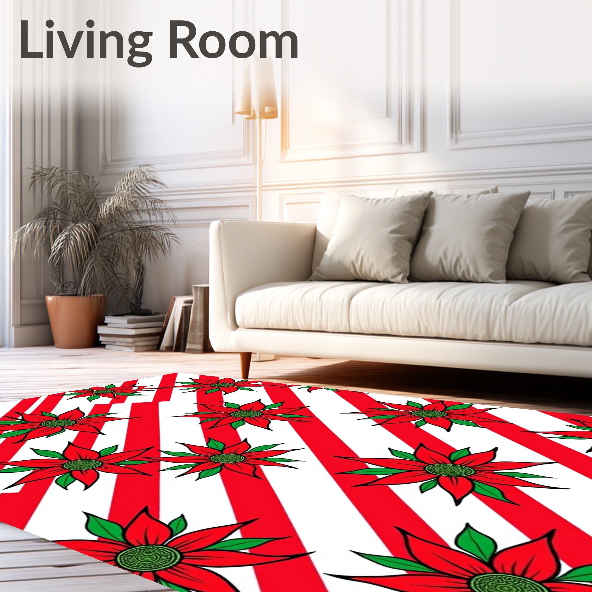 Red Floral Poinsettia Stripes Rug