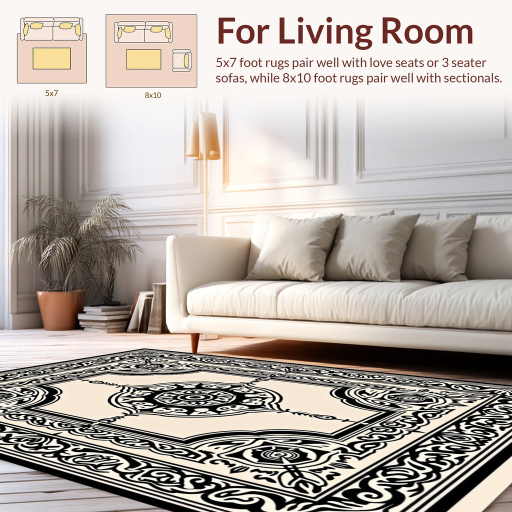 Classic Black Ivory Floral Mandala Design Rug