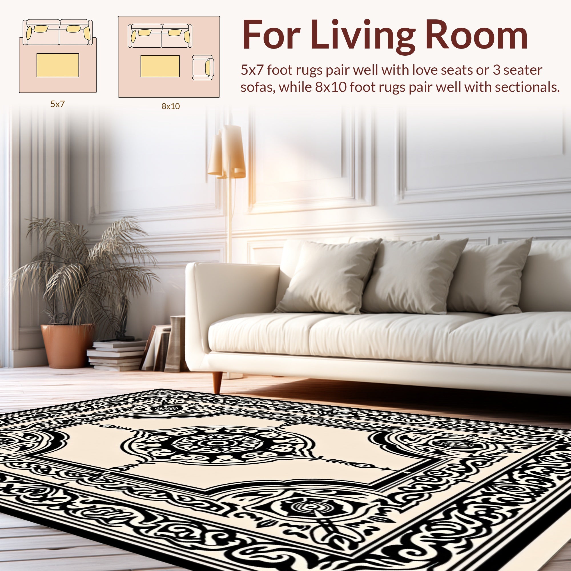 Classic Black Ivory Floral Mandala Design Rug