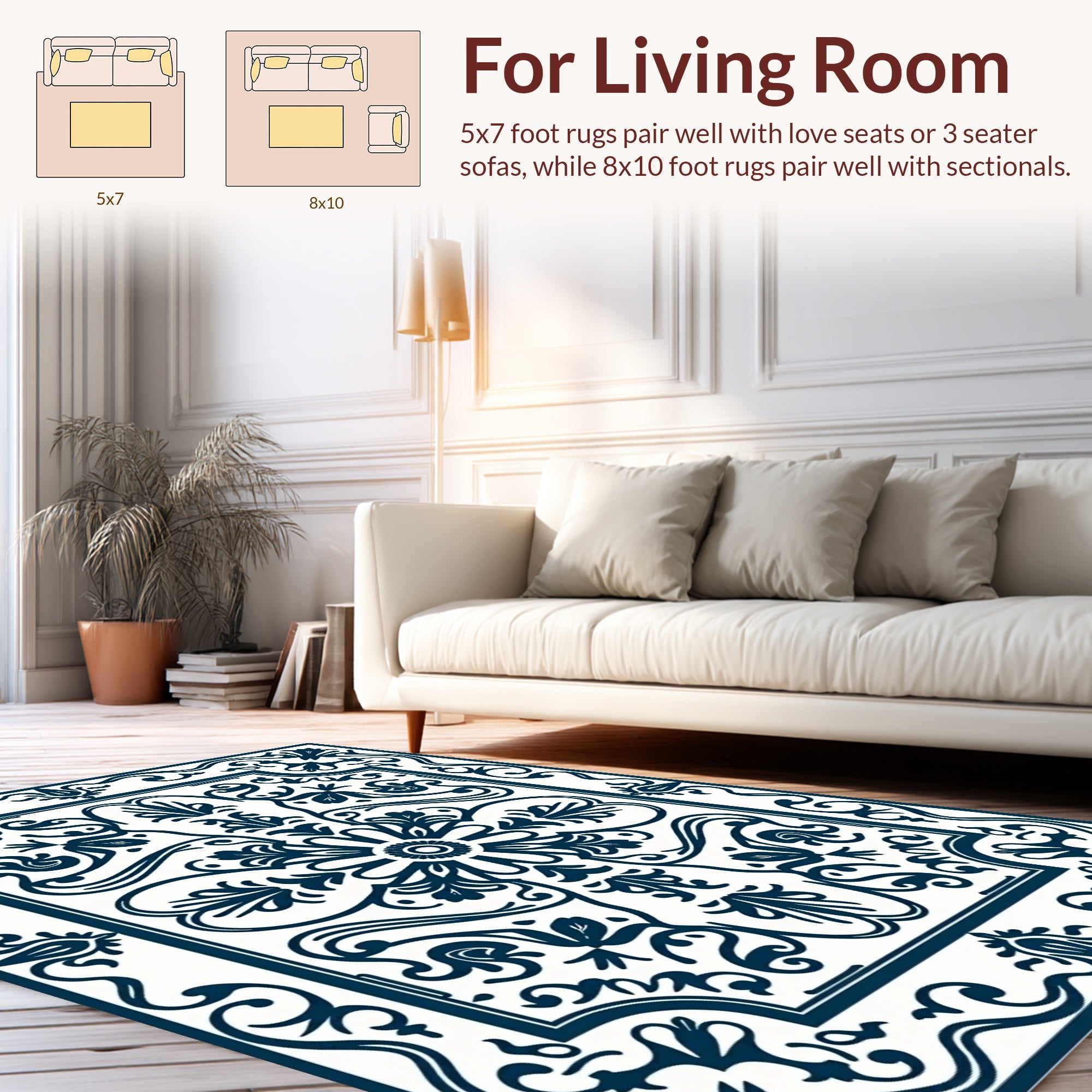Classic Navy White Floral Pattern Rug