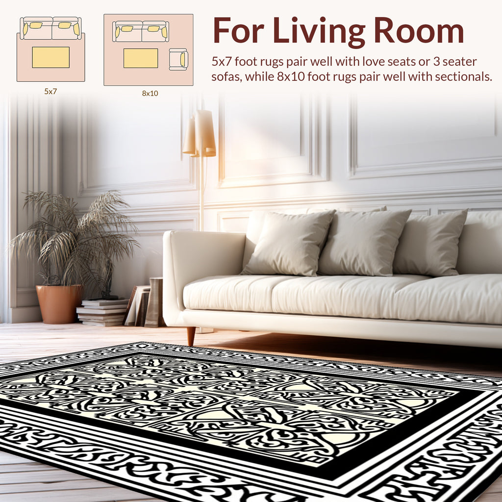 Ornate Black Ivory Geometric Design Rug
