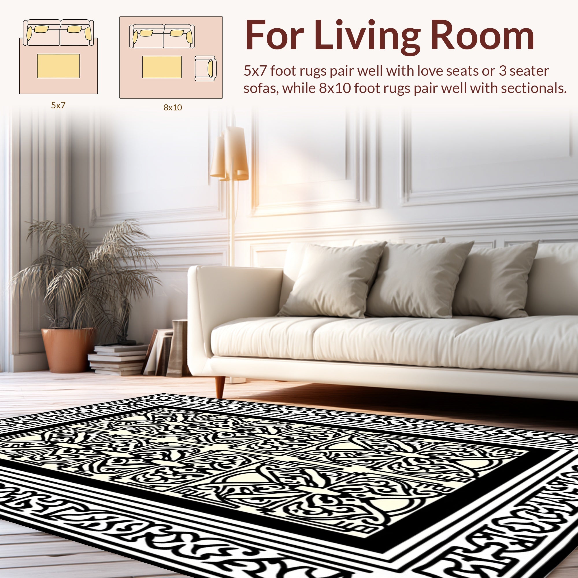 Ornate Black Ivory Geometric Design Rug