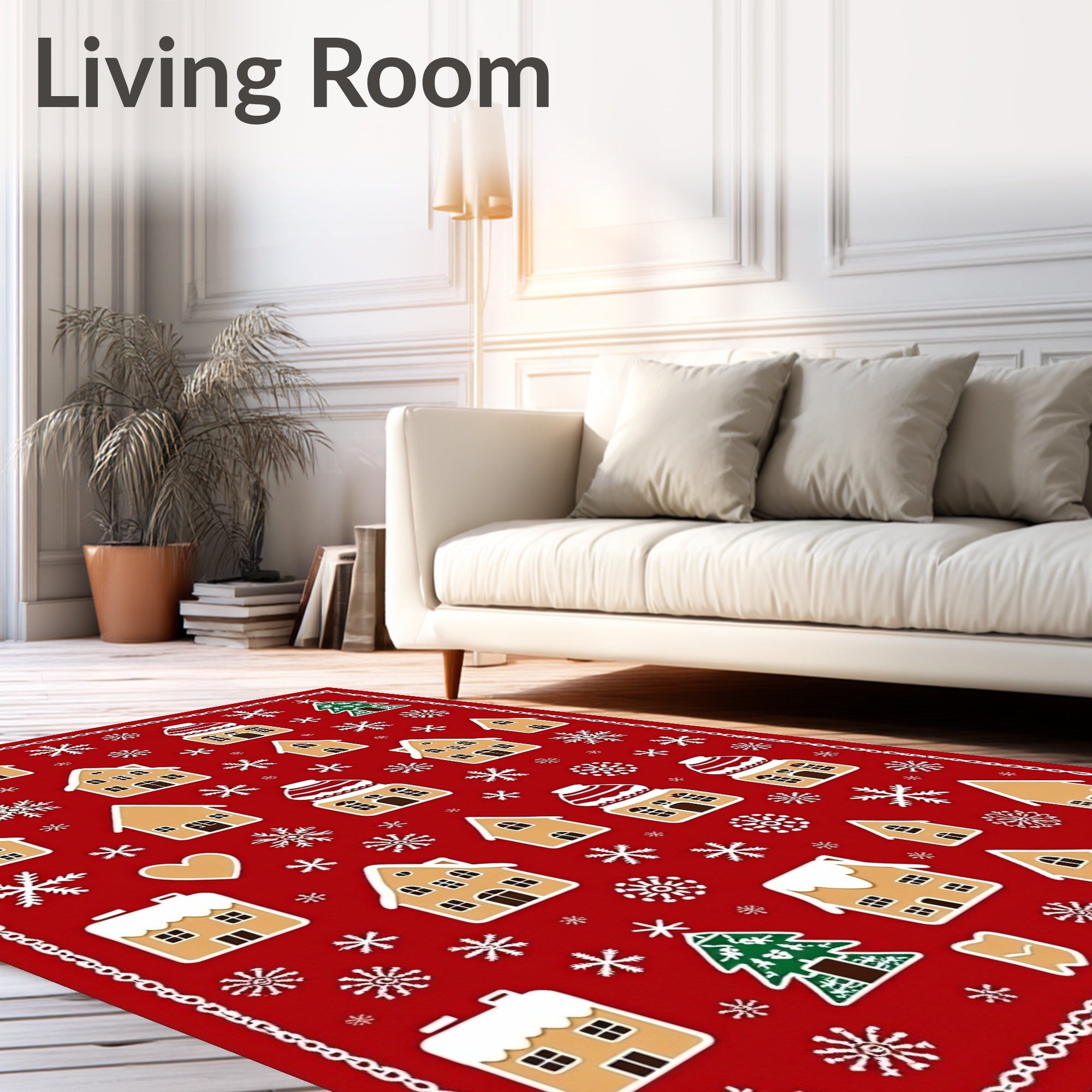 Festive Red Gingerbread Houses Snowflakes Rug