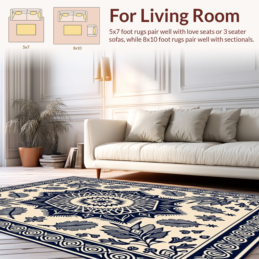 Navy Leaf Starburst Geometric Mandala Rug