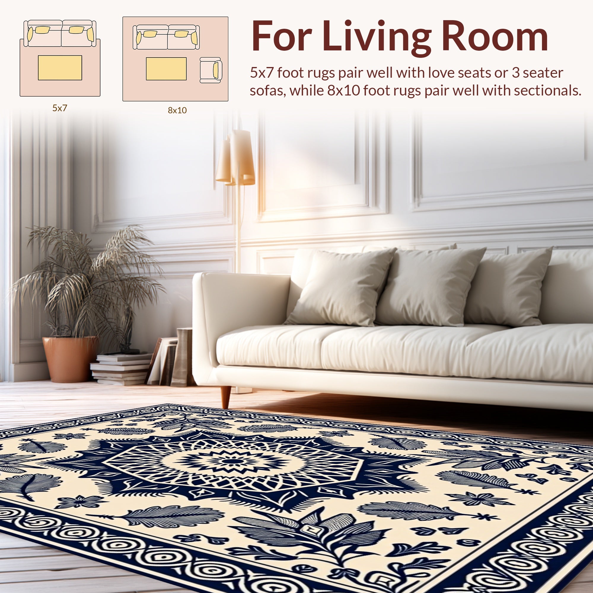 Navy Leaf Starburst Geometric Mandala Rug