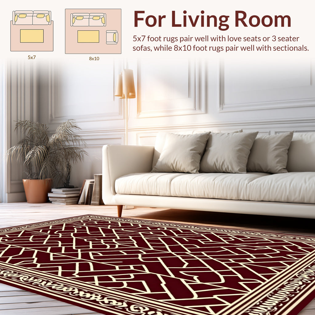 Deep Red Geometric Lattice Border Rug