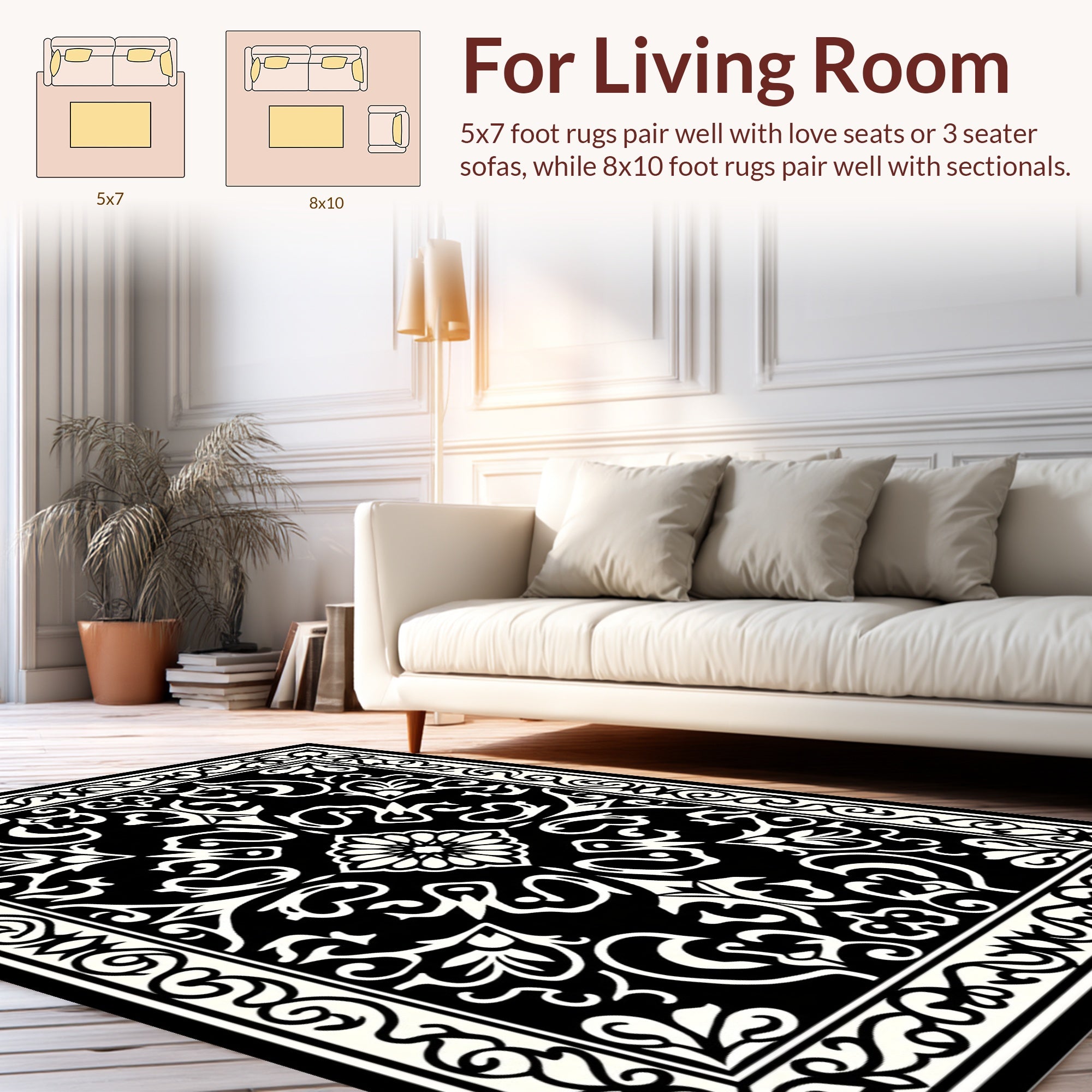 Black And White Damask Motif Rug