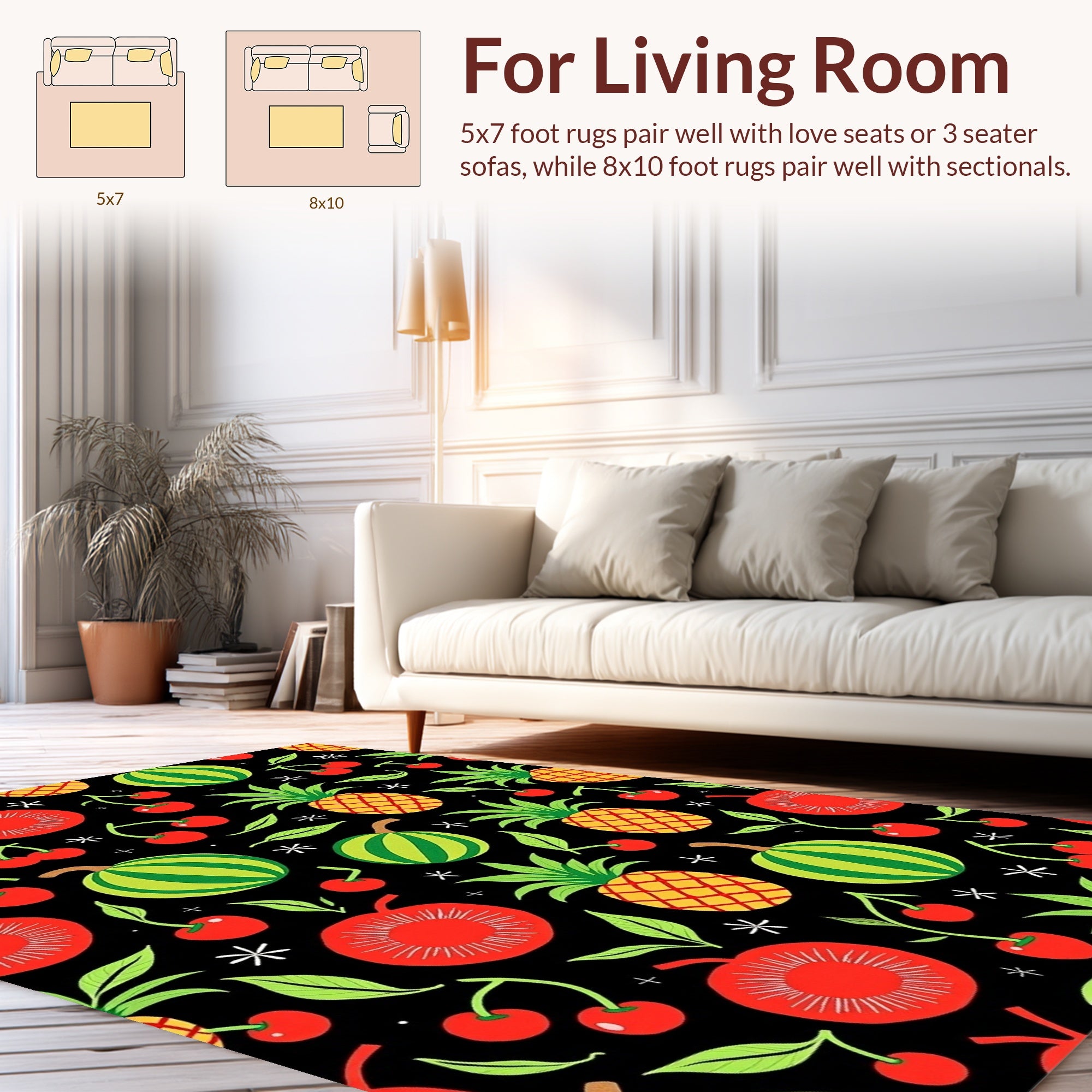 Whimsical Fruit Pattern Black Background Rug