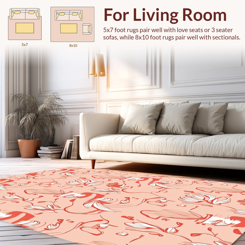 Coral and White Floral Swirl Pattern Rug