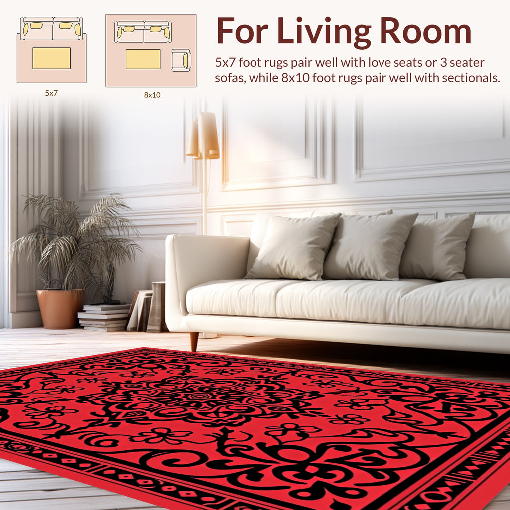 Intricate Red Black Floral Mandala Design Rug