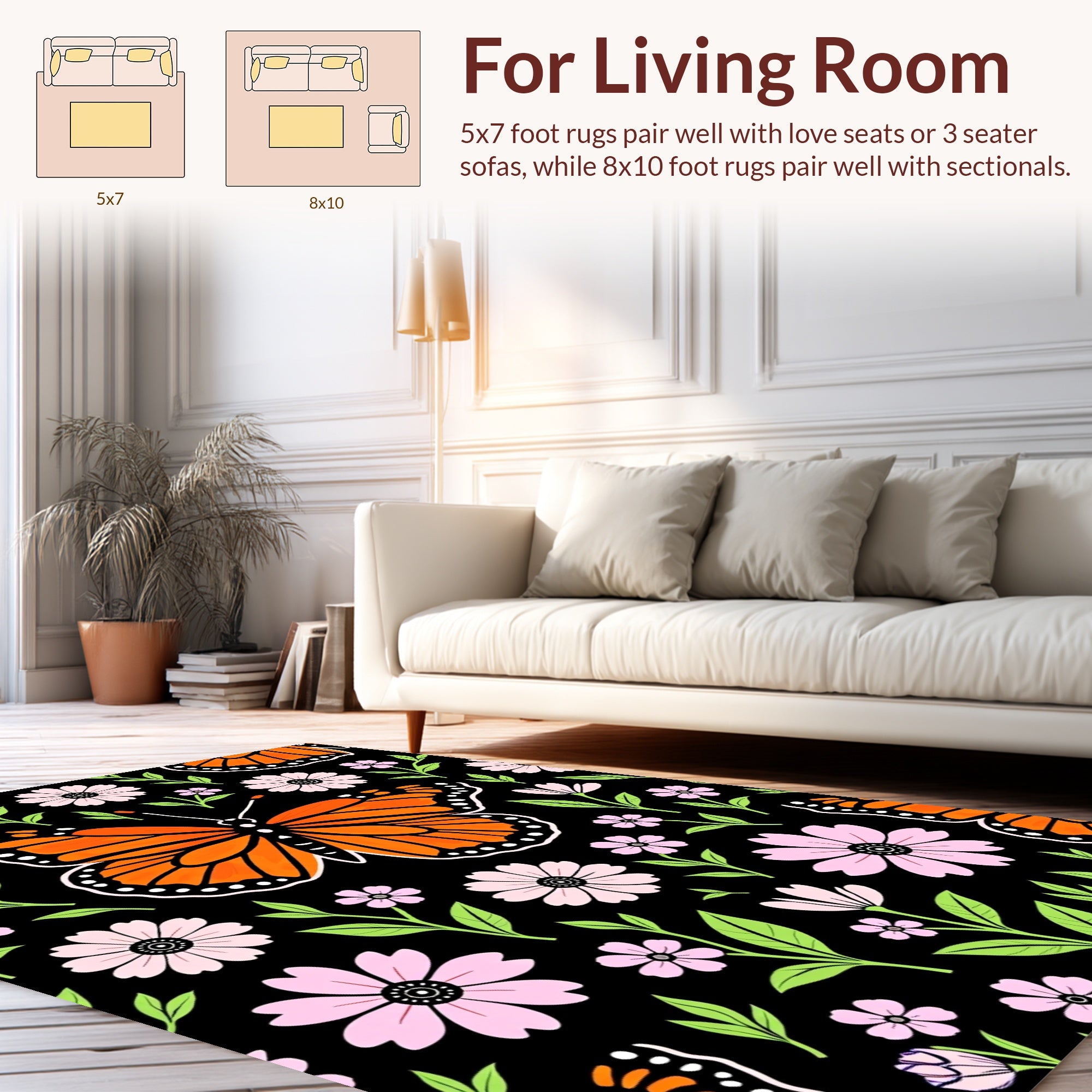 Monarch Butterfly Floral Pattern Rug