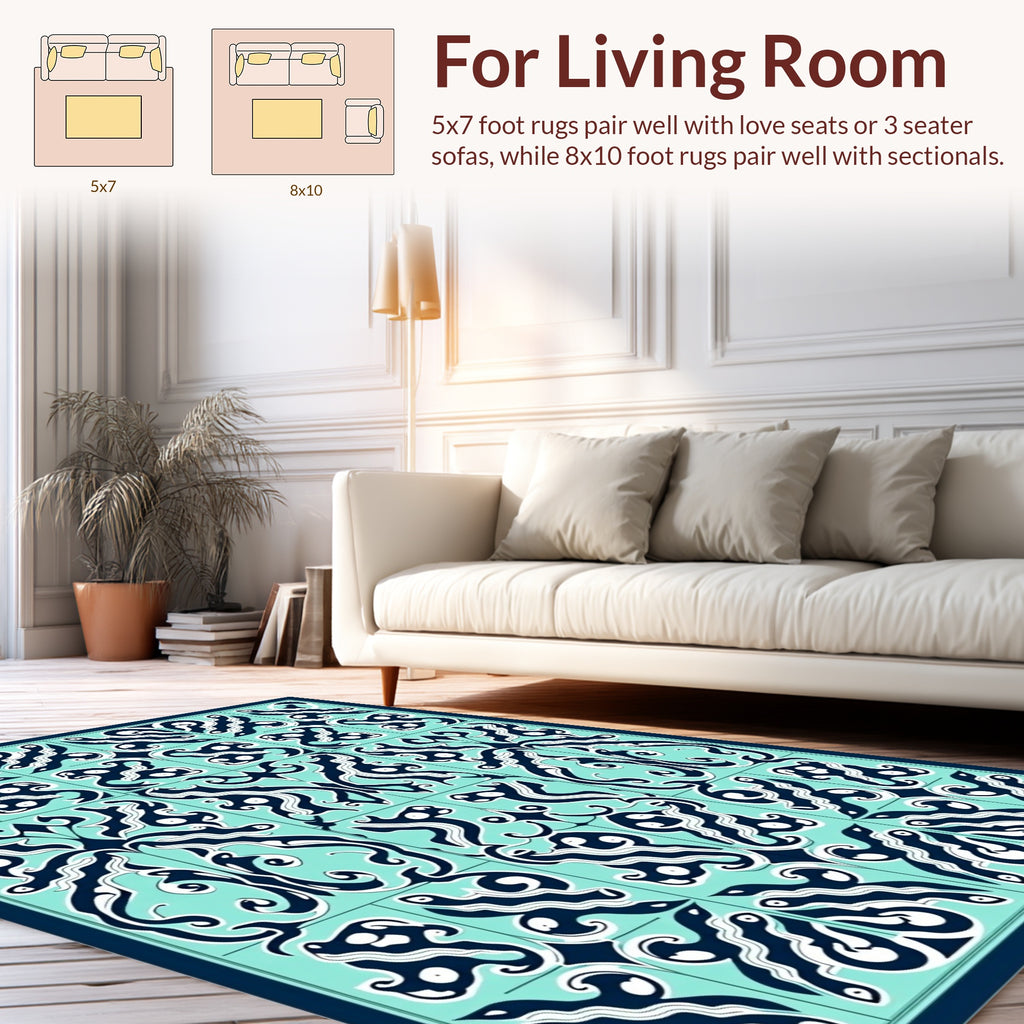 Teal Navy Abstract Tile Pattern Rug