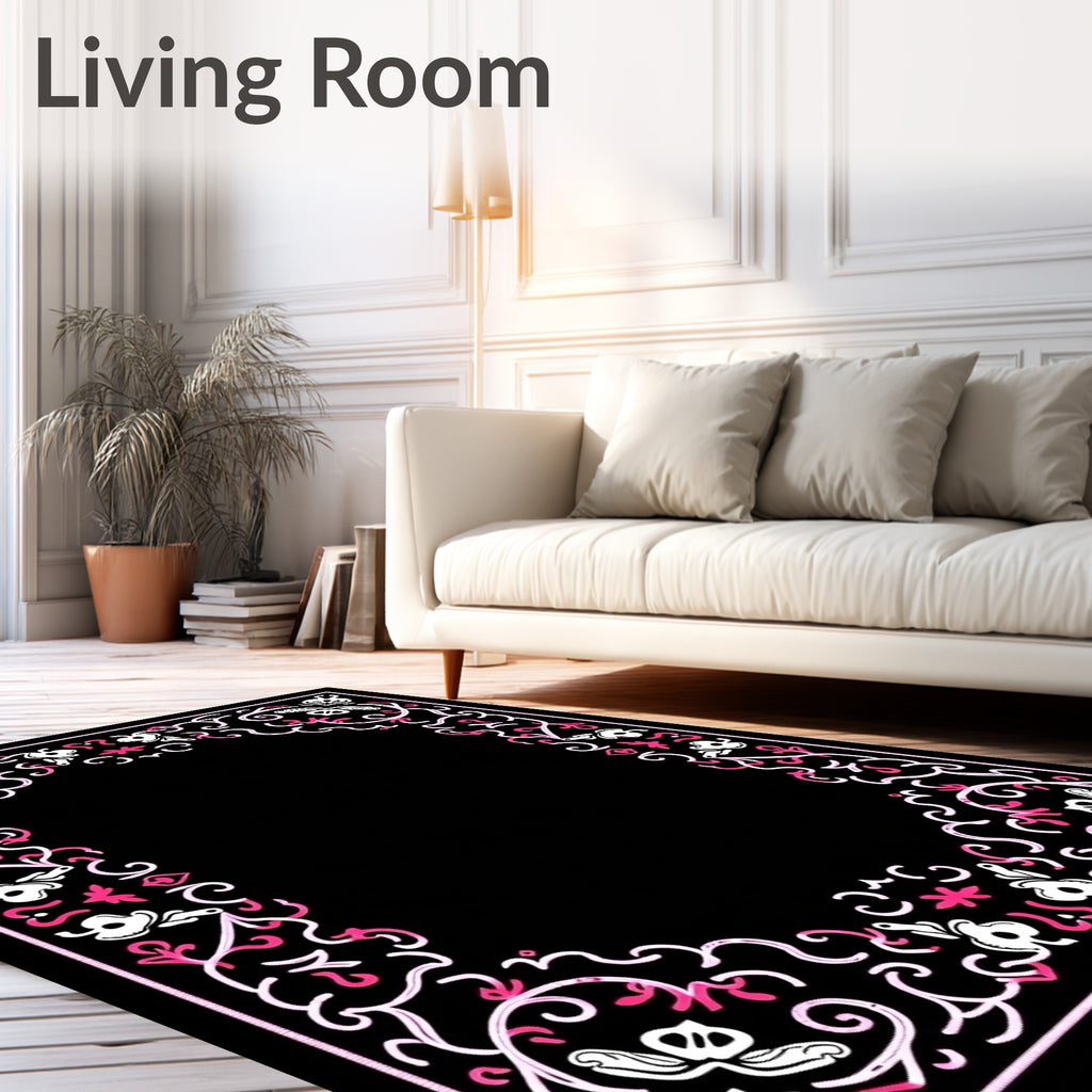 Elegant Black Pink Floral Scroll Framework Rug