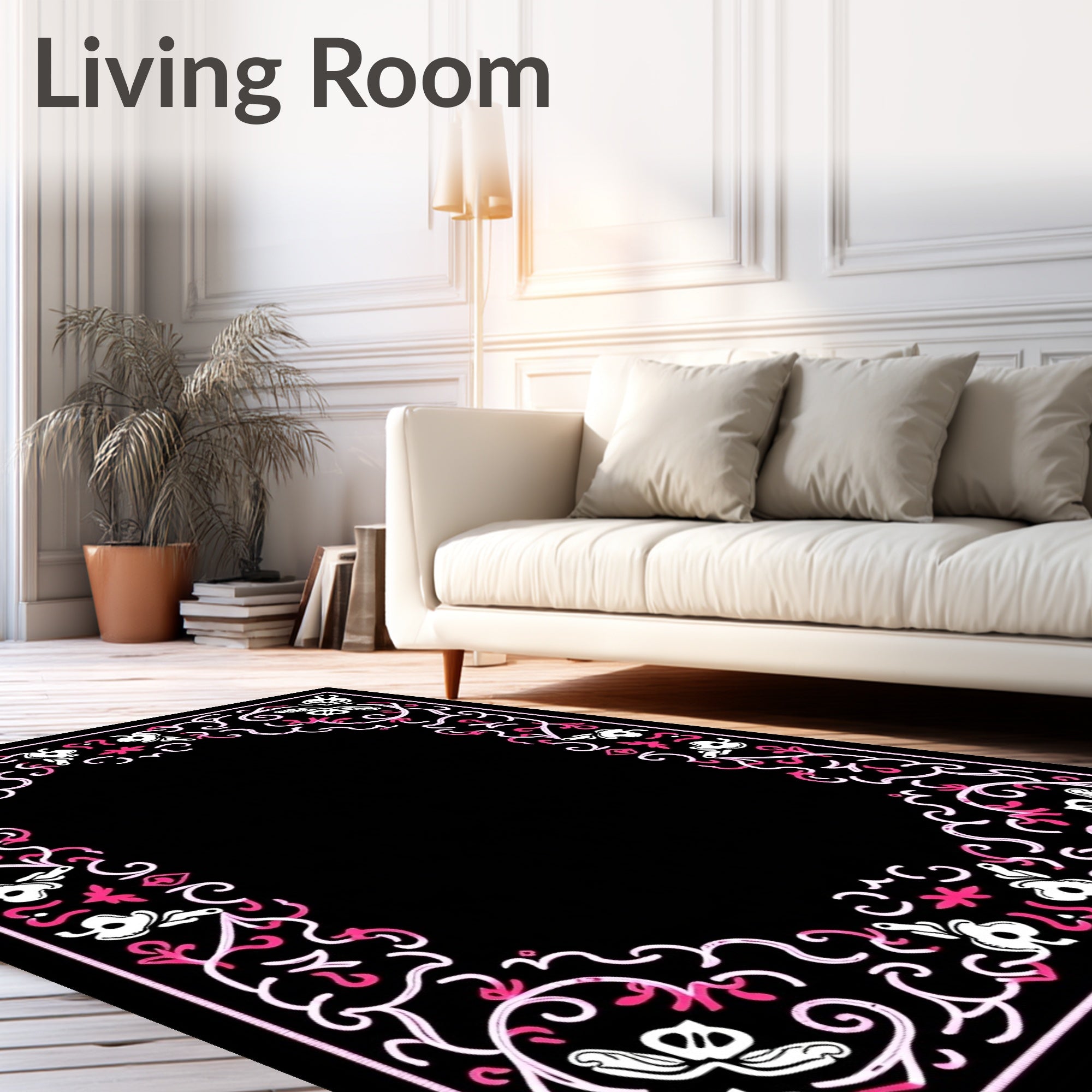 Elegant Black Pink Floral Scroll Framework Rug