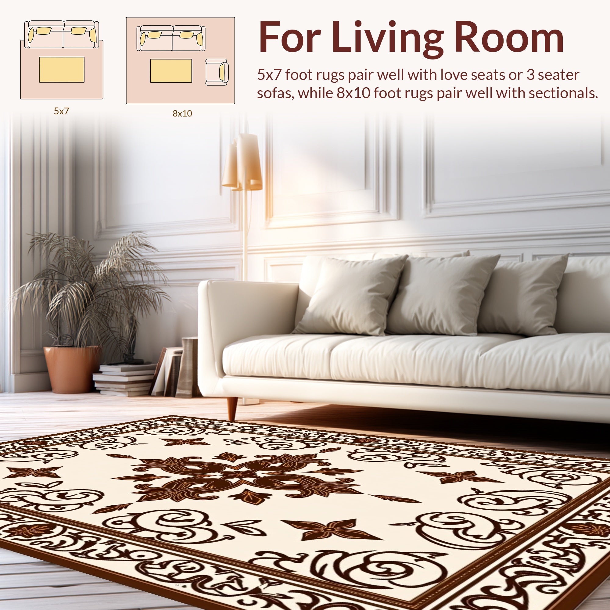 Ornate Dark Brown Floral Border Rug