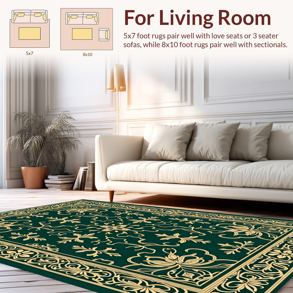 Classic Emerald Gold Floral Border Rug