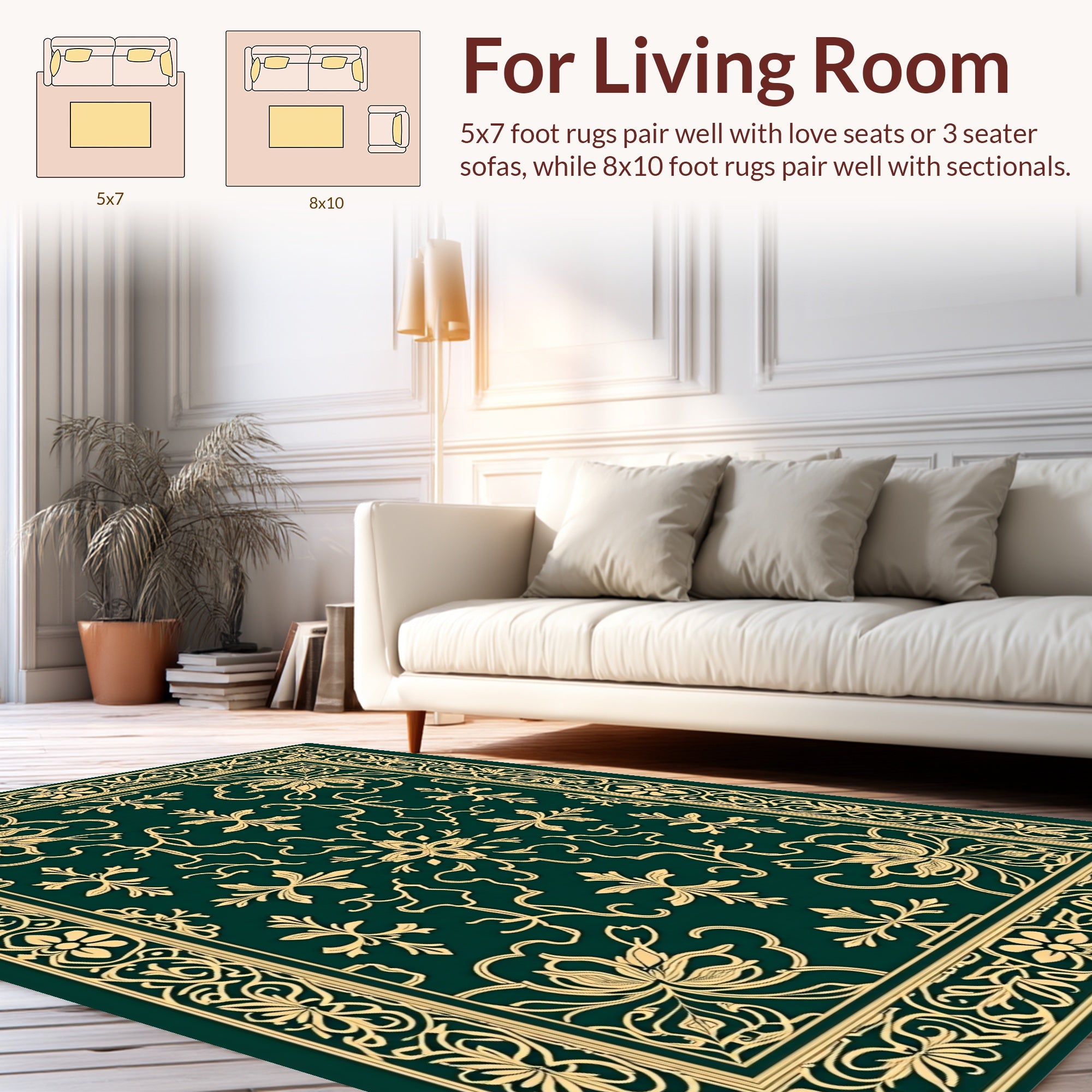 Classic Emerald Gold Floral Border Rug